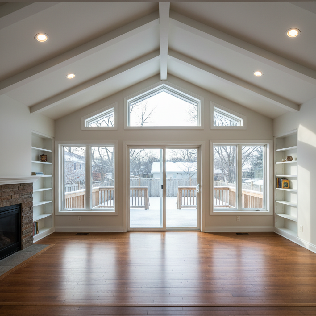 A spacious, newly constructed family room addition seamlessly integrated into an older Buffalo house, shown from inside looking toward the backyard. The room features a vaulted ceiling with painted white beams, wide energy-efficient windows spanning the rear wall, and a sliding glass door leading to a snow-dusted deck outside. The floor is rich, medium-toned hardwood extending from the existing home, with a subtle transition strip. Built-in shelving flanks a simple gas fireplace with a stone surround. Natural afternoon light pours in through the windows, supplemented by discreet recessed lights that cast soft, even illumination. The camera is positioned at eye level with a wide-angle lens, capturing the full breadth of the addition. The mood is bright, comfortable, and professional, highlighting expert home additions and structural craftsmanship.