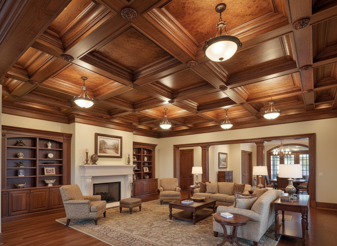 Coffered ceiling detail with custom millwork in a Buffalo home remodel.